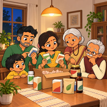 Indian family at the dining table comparing Ayurvedic medicine boxes, bottles and jars to choose the right products for their daily routine