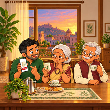 Grandmother questioning a too-cheap Ayurvedic medicine her son found online while grandfather watches at the dining table