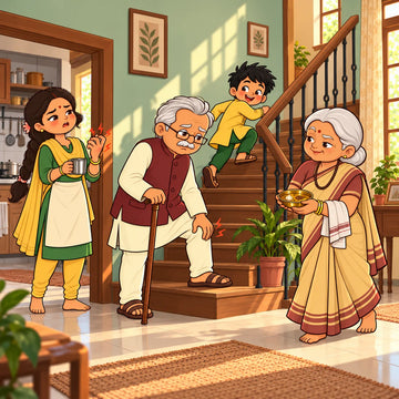 Grandfather with a walking stick holding his painful knee at the foot of the stairs while his grandson runs up, mother rubbing stiff fingers at the kitchen door, and grandmother bringing warm oil for an Ayurvedic joint massage