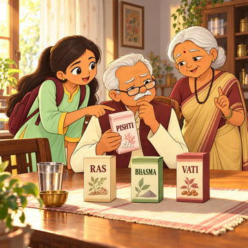 Grandfather reading a Pishti medicine box with his granddaughter and grandmother, with Rasa, Bhasma and Vati cartons on the dining table