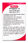 The front side of the leaflet for Baidyanath Vasant Kusumakar Ras 100 tablets, displaying its composition, ingredients, and product information.