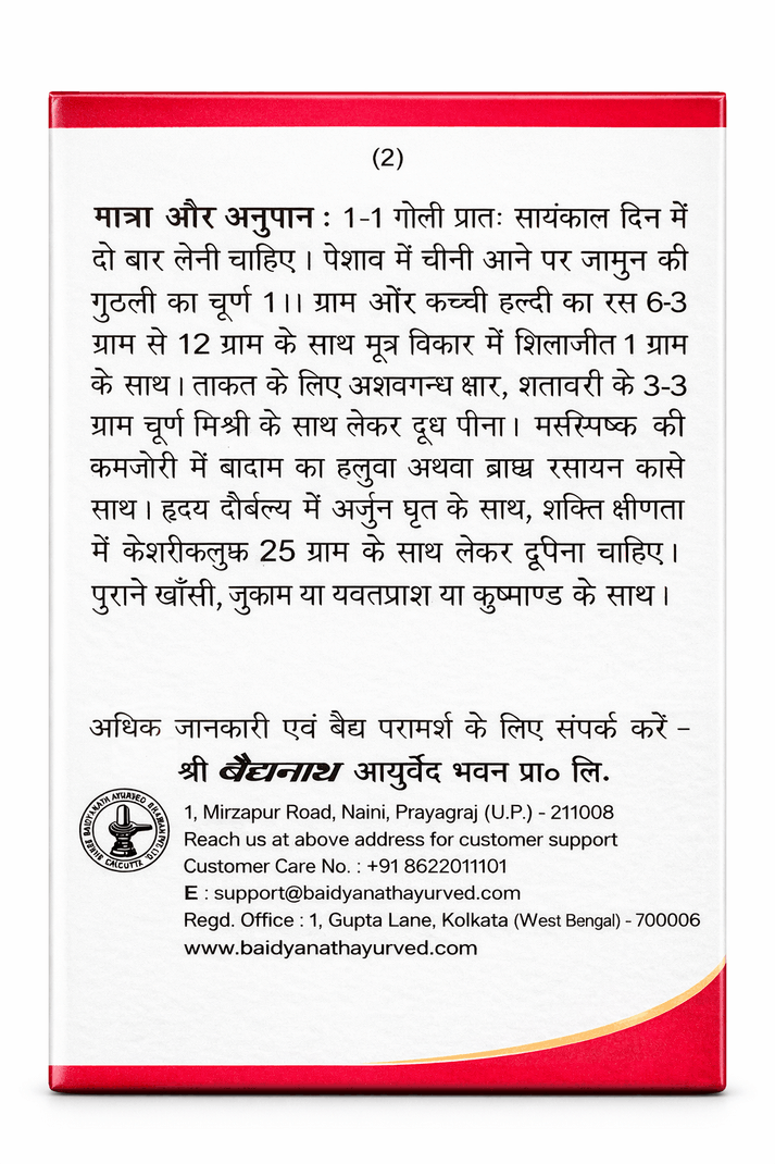 The back side of the leaflet for Baidyanath Vasant Kusumakar Ras 100 tablets, displaying its dosage instructions, usage guidance, customer support details, and manufacturer information.