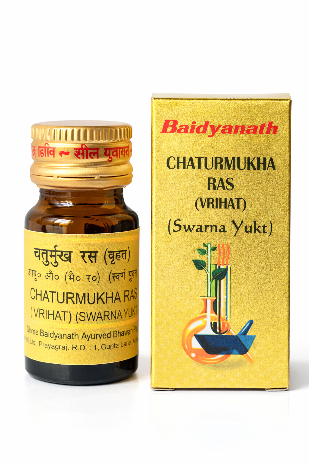 Baidyanath Chaturmukh Ras Gold 10 tablets bottle with golden outer carton, original pack sold on BodyStop