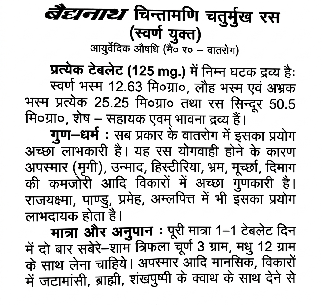 Baidyanath Chintamani Chaturmukh Ras with Gold Tablets Front Side leaflet showing composition per tablet