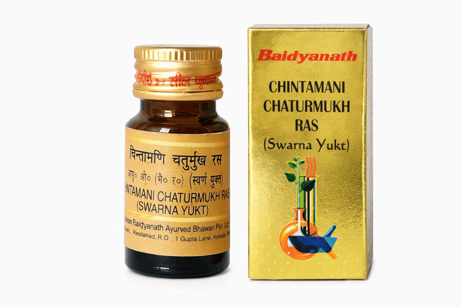 Baidyanath Chintamani Chaturmukh Ras with Gold Tablets bottle with outer carton