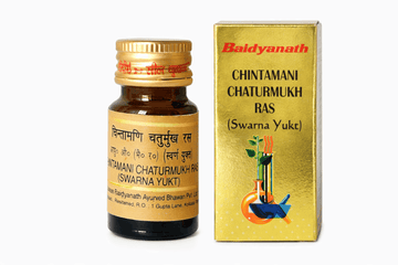 Baidyanath Chintamani Chaturmukh Ras with Gold Tablets bottle with outer carton