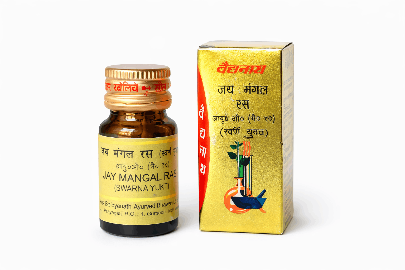 Baidyanath Jay Mangal Ras Swarna Yukt Ayurvedic medicine bottle and outer box packaging from BodyStop