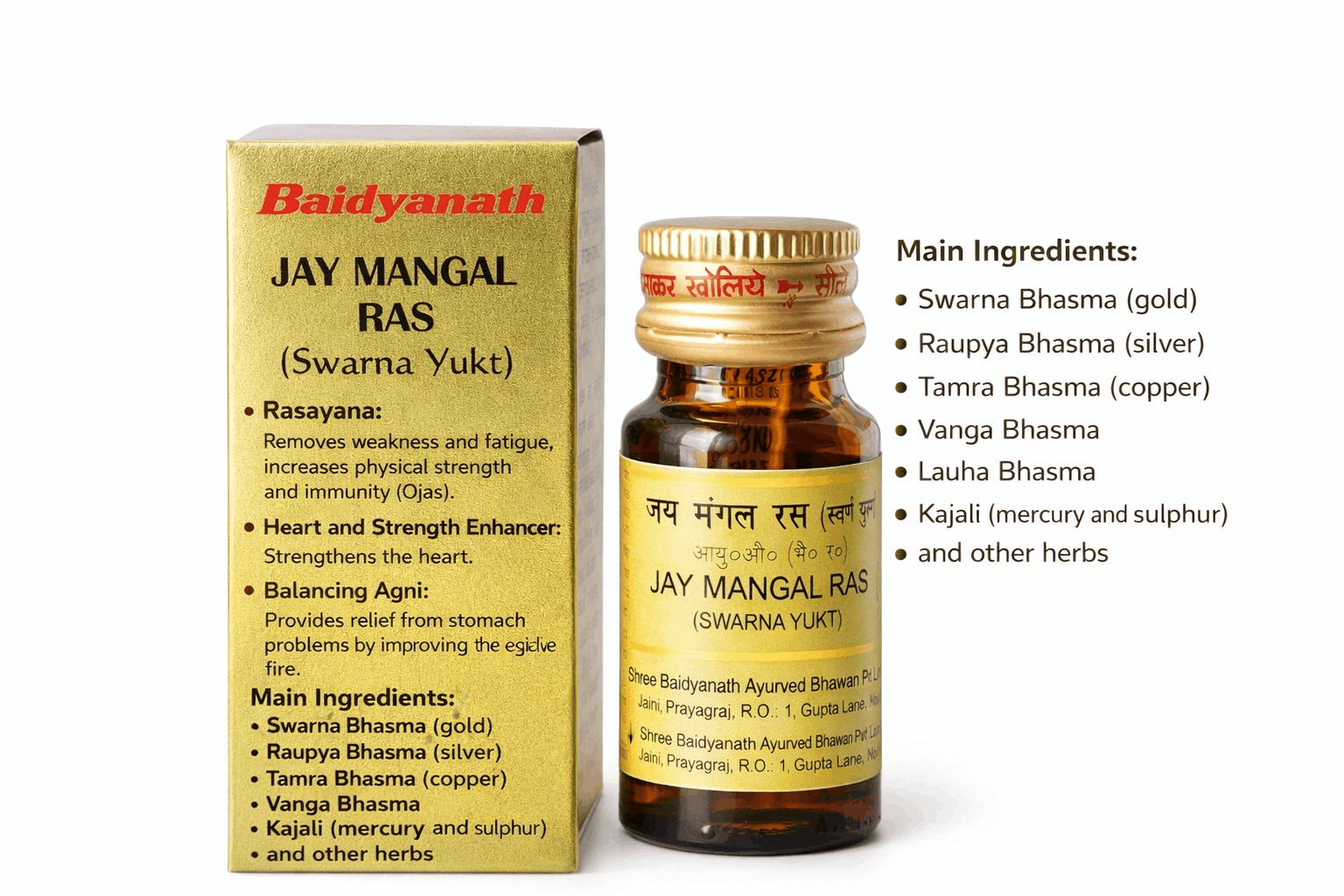 Baidyanath Jay Mangal Ras Swarna Yukt product ingredients list and benefits panel from BodyStop