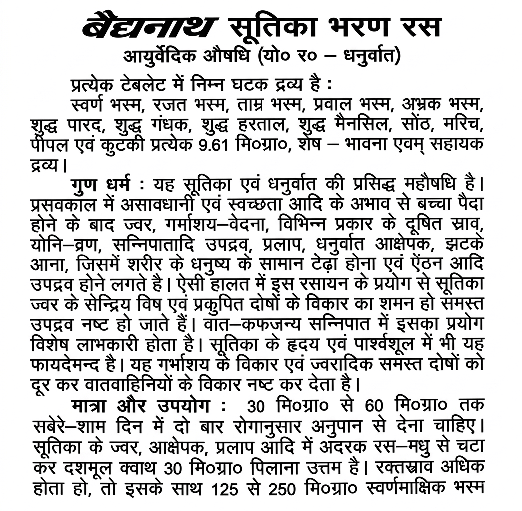 Baidyanath Sutikabharan Ras Hindi leaflet explaining ingredient composition, therapeutic properties, and dosage guidelines | BodyStop