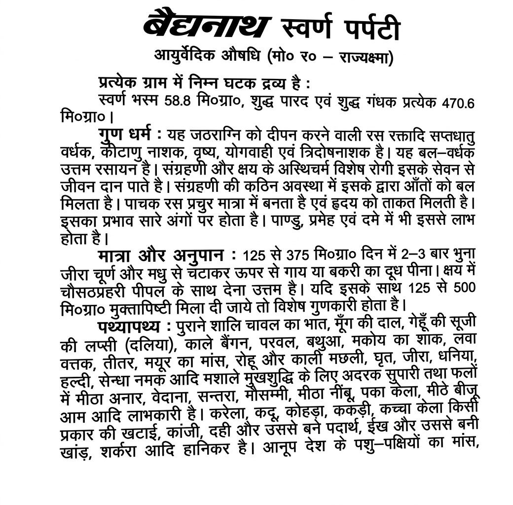 Baidyanath Swarna Parpati Hindi leaflet explaining ingredient composition, therapeutic properties, dosage, and diet | Product image by BodyStop