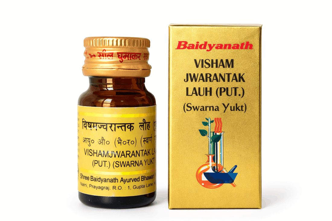 Baidyanath Vishamjwarantak Lauh Putapakwa 10 tablet amber bottle beside its gold outer box | Product image by BodyStop