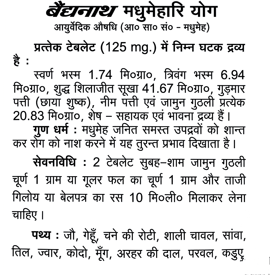 BodyStop Baidyanath Madhumehari Yog Hindi leaflet explaining ingredient composition, therapeutic properties, dosage, and diet.