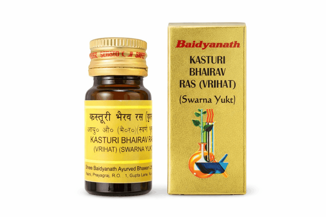 BodyStop featuring Baidyanath Kasturi Bhairav Ras Vrihat Swarna Yukt gold packaging box and amber glass bottle
