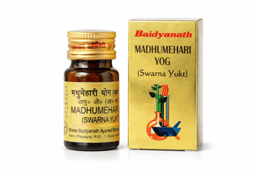 BodyStop featuring Baidyanath Madhumehari Yog Swarna Yukt gold packaging box and amber glass bottle