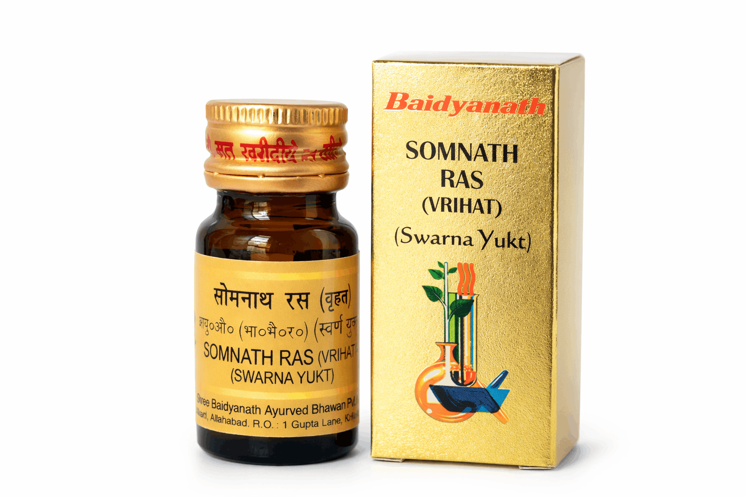BodyStop featuring Baidyanath Somnath Ras Vrihat Swarna Yukt gold packaging box and amber glass medicine bottle.