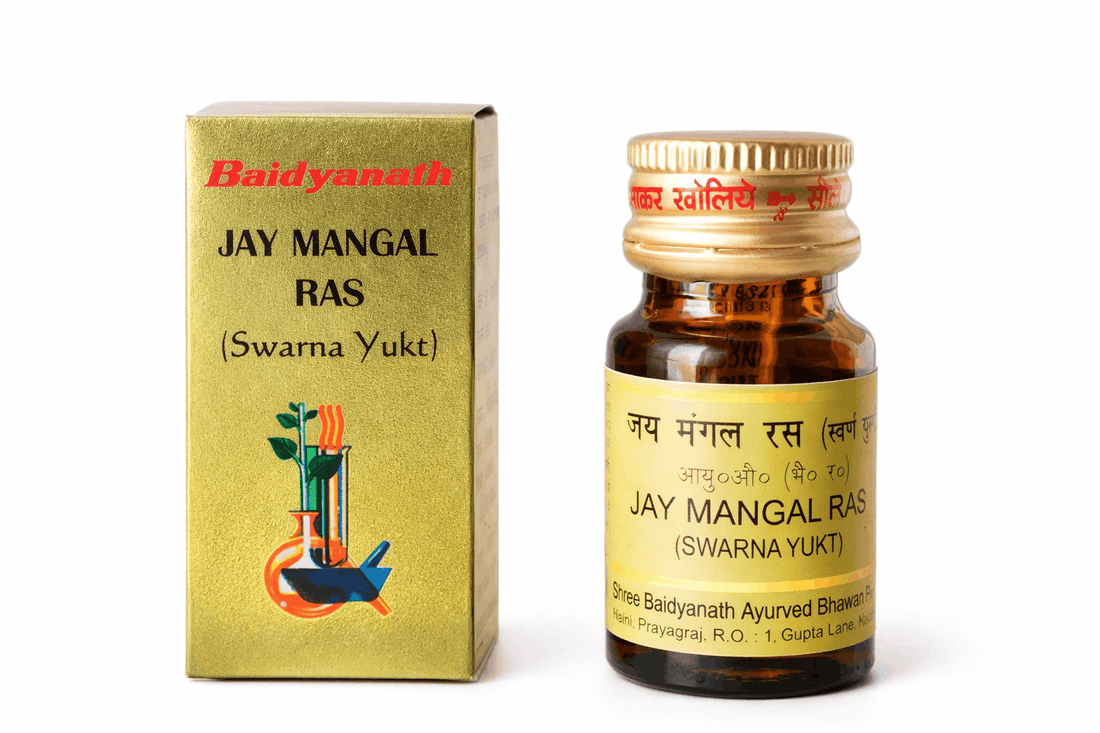 BodyStop offering Baidyanath Jay Mangal Ras Swarna Yukt gold ayurvedic packaging box and amber glass bottle of 10 tablets