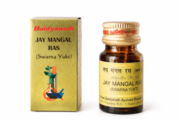BodyStop offering Baidyanath Jay Mangal Ras Swarna Yukt gold ayurvedic packaging box and amber glass bottle of 10 tablets