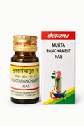 BodyStop presenting Baidyanath Mukta Panchamrit Ras packaging carton box and amber glass medicine bottle.