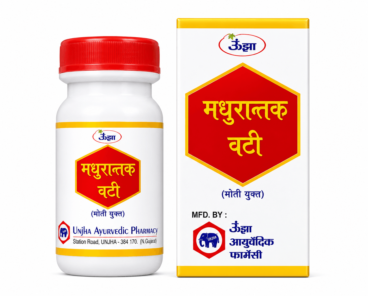 Unjha Madhurantak Vati (Moti Yukt) bottle and outer packaging box manufactured by Unjha Ayurvedic Pharmacy | BodyStop