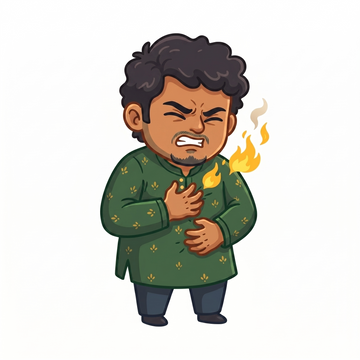 Illustration of a man experiencing acidity and heartburn with a burning sensation in the chest and stomach | Ayurvedic digestive wellness product from BodyStop