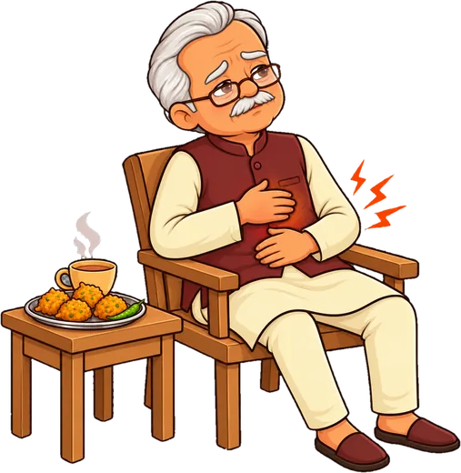 Dadaji holding his chest from acidity after eating pakoras with chai