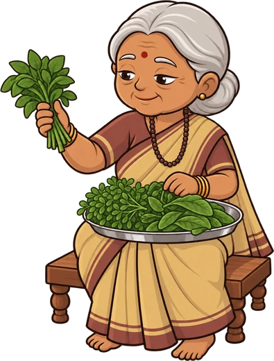 Dadi sorting fresh palak and methi greens rich in iron