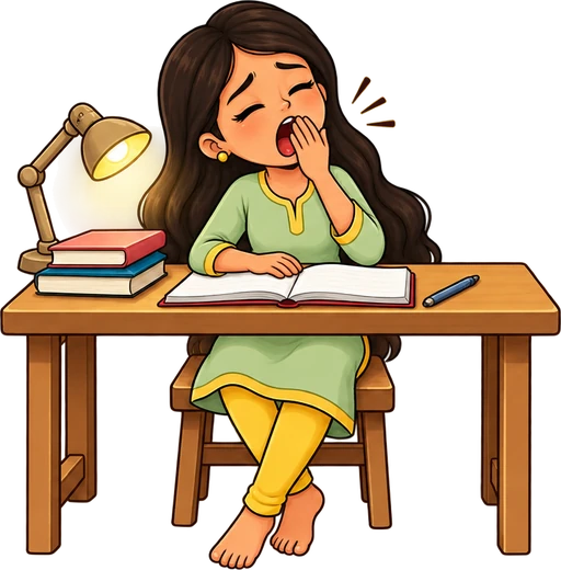 Riya yawning at her study desk, always tired