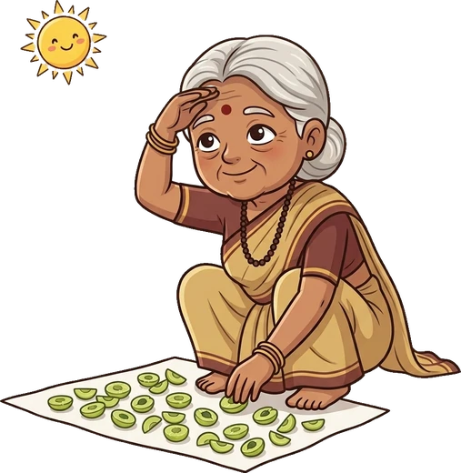 Dadi drying amla slices in the sun on a cloth