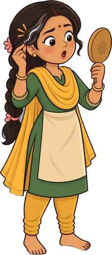 Meera shocked at a grey hair she spotted in her hand mirror
