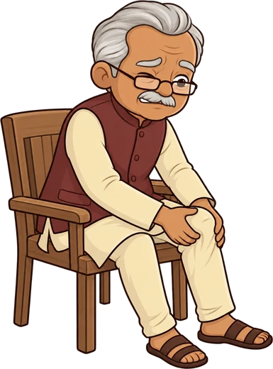 Dadaji sitting on a chair holding his aching knees