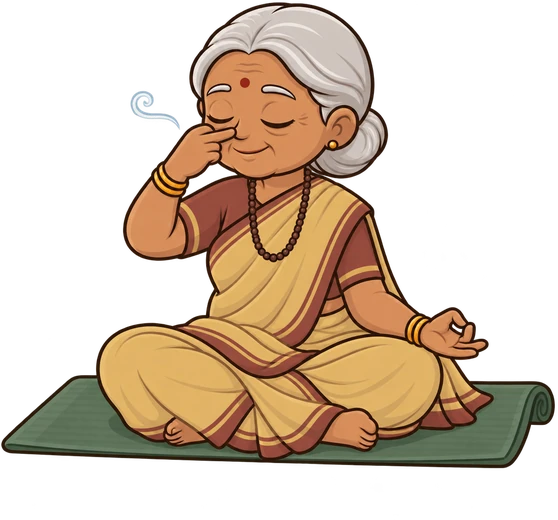 Dadi sitting on a yoga mat doing anulom-vilom pranayam for easier breathing