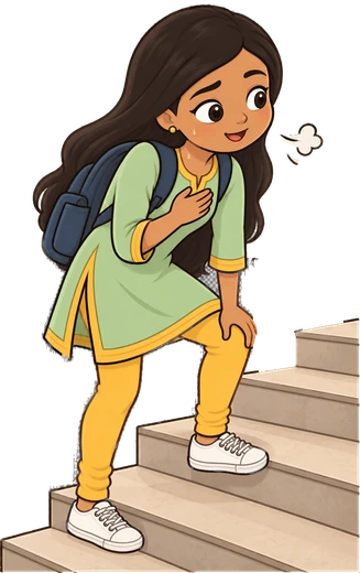 Riya out of breath on the stairs with her school bag, hand on her chest