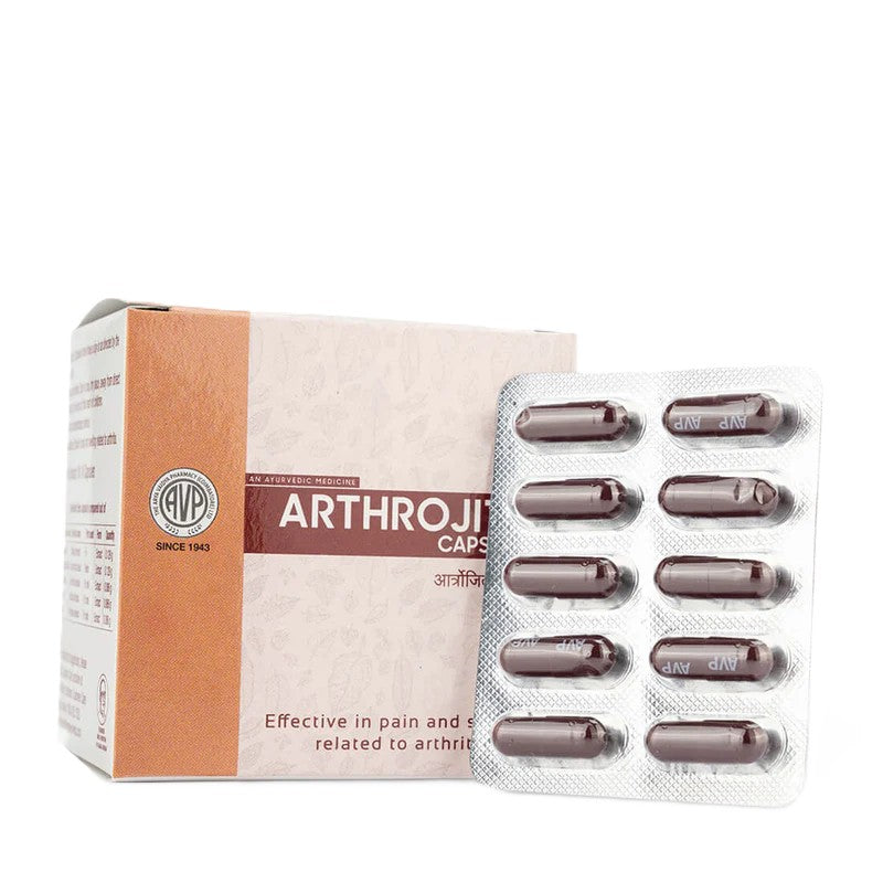 AVP Arthrojith Capsules box packaging displayed alongside a blister pack of brown capsules featuring the AVP logo imprint | BodyStop