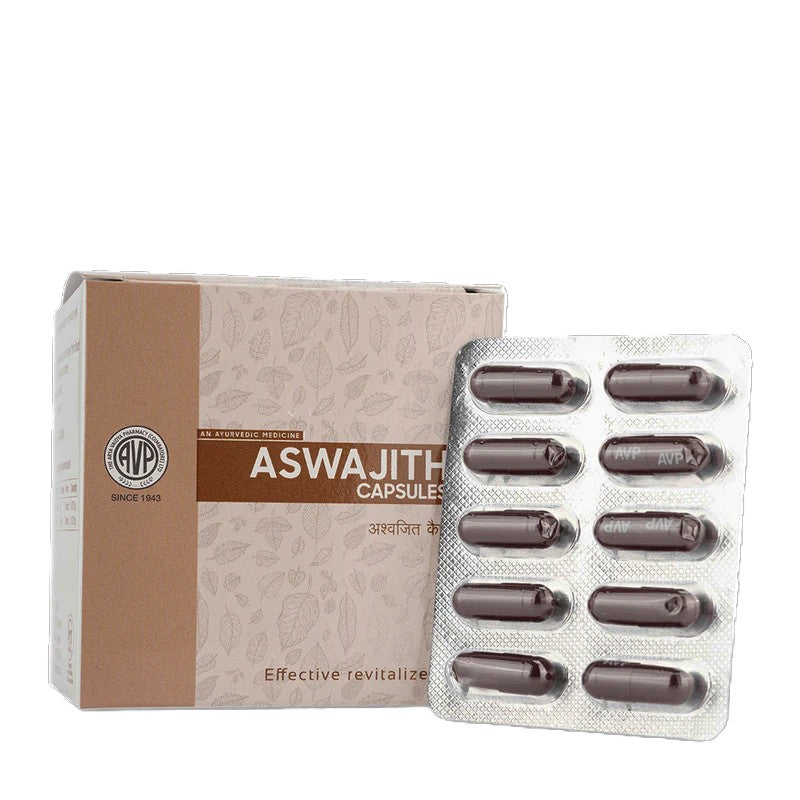 AVP Aswajith Capsules box packaging featuring text "Effective revitalizer" and the AVP logo with "Since 1943" | BodyStop