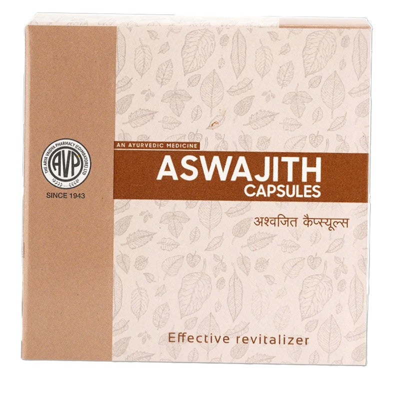 AVP Aswajith Capsules box packaging featuring text "Effective revitalizer" and the AVP logo with "Since 1943" | BodyStop