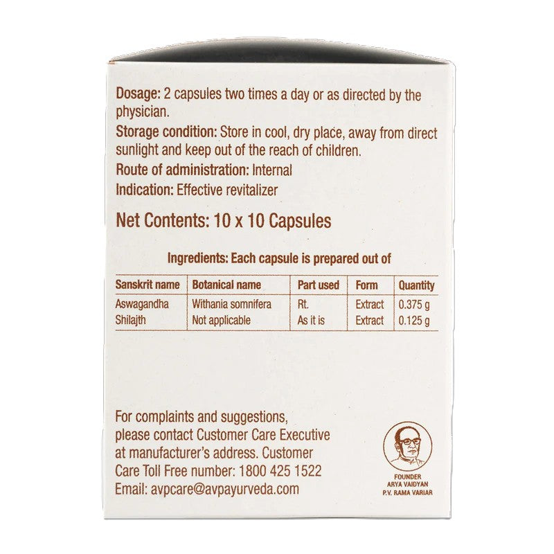 AVP Aswajith Capsules packaging showing dosage, storage conditions, route of administration, indication, net contents, ingredients composition table with Aswagandha and Shilajth, along with customer care contact details and founder portrait | BodyStop