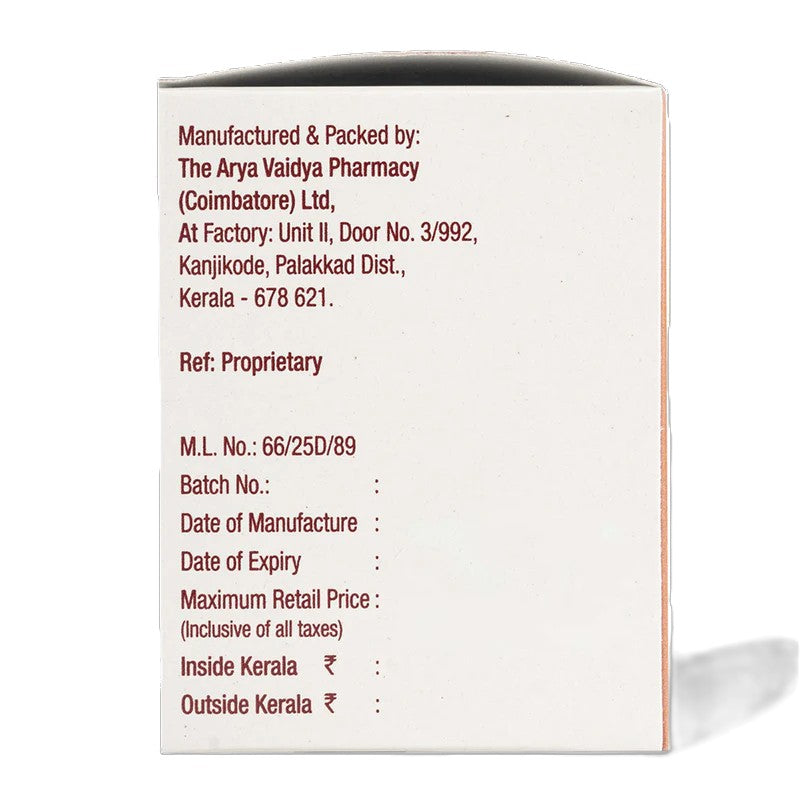 AVP Aswajith Capsules packaging showing manufacturing details, manufacturer address at Kanjikode, Palakkad Dist., Kerala, M.L. No., batch number, manufacture date, expiry date, and maximum retail price fields for inside and outside Kerala | BodyStop