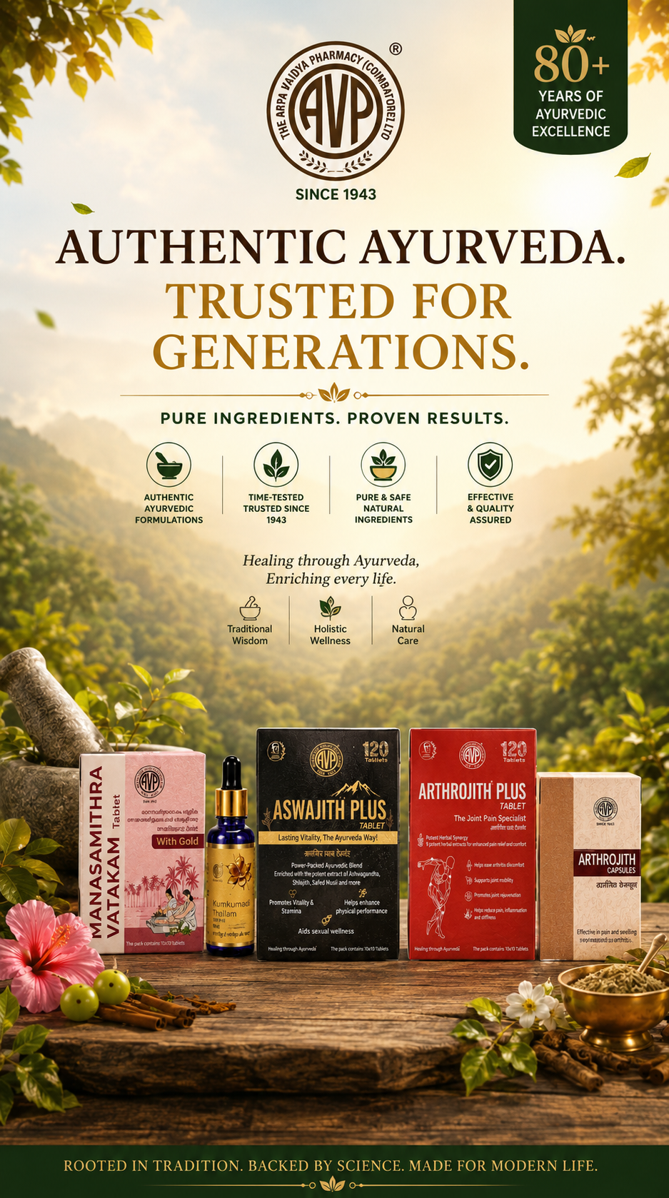 AVP Ayurvedic medicines and wellness products banner featuring Manasamithra Vatakam, Aswajith Plus, Arthrojith Plus, Arthrojith Capsules, and Kumkumadi Thailam | Buy Ayurvedic medicines and products online from BodyStopslider_item_wnwdWR