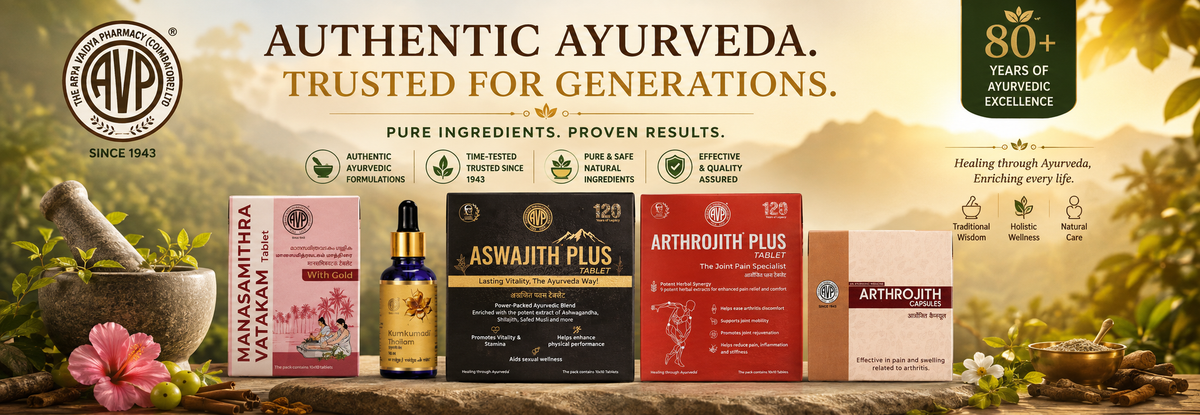 AVP Ayurvedic medicines and wellness products banner featuring Manasamithra Vatakam, Aswajith Plus, Arthrojith Plus, Arthrojith Capsules, and Kumkumadi Thailam | Buy Ayurvedic medicines and products online from BodyStopslider_item_wnwdWR