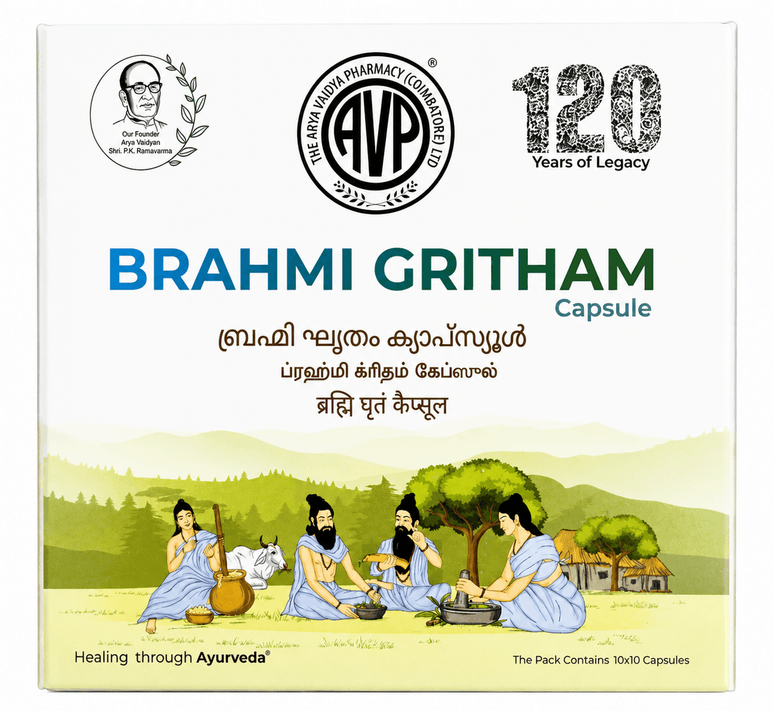 AVP Brahmi Gritham Capsule box packaging featuring the AVP logo, 120 years of legacy emblem, founder portrait, and an illustrative scene of people practicing traditional Ayurveda, with text indicating the pack contains 10x10 capsules | BodyStop