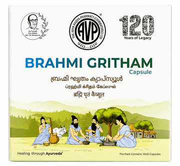 AVP Brahmi Gritham Capsule box packaging featuring the AVP logo, 120 years of legacy emblem, founder portrait, and an illustrative scene of people practicing traditional Ayurveda, with text indicating the pack contains 10x10 capsules | BodyStop