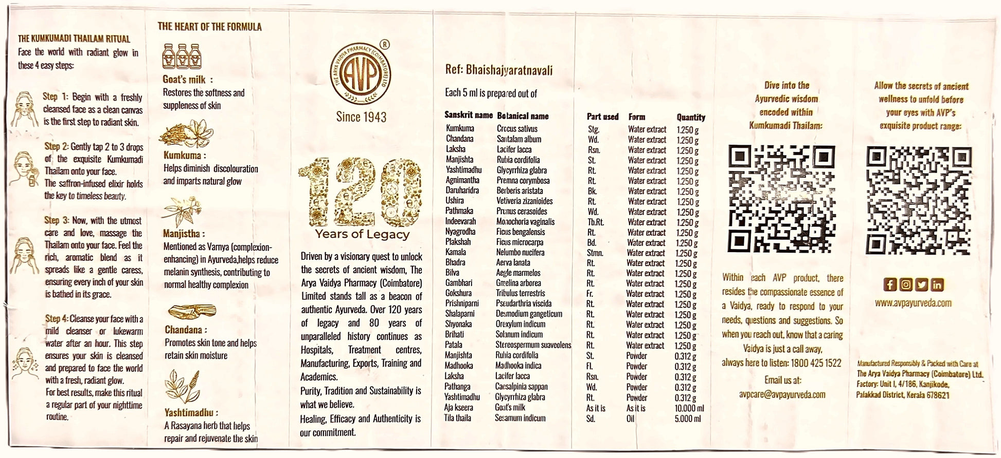 AVP Kumkumadi oil product leaflet detailing the ritual steps, heart of the formula ingredients including goat's milk and kumkuma, manjistha, Chandana, Yashtimadhu, Bhaishajyaratnavali reference composition table with Sanskrit names, botanical names, parts used, forms, and quantities, along with company legacy information and contact details | BodyStop