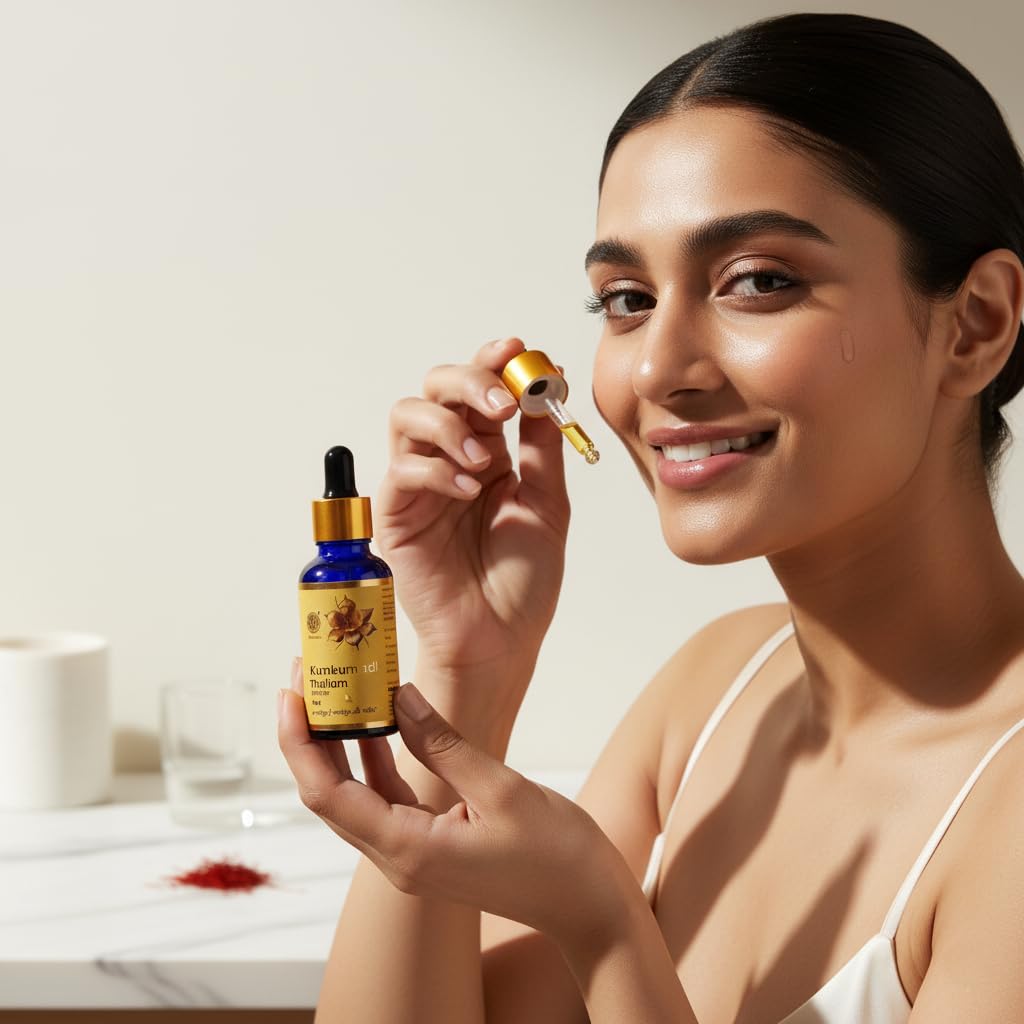 A smiling model holding AVP Kumkumadi tail 10 ml blue glass dropper bottle and a dropper with oil, with a drop of oil on her cheek and saffron strands on the table in the background | BodyStop