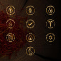 AVP Kumkumadi Tailam 10 ml features and certifications graphic showing gold icons for 100% natural, non-GMO, paraben free, preservative free, 100% Ayurvedic/made in India, curated by Vaidyas, mineral oil free, SLS free, phthalates free, and cruelty free | BodyStop