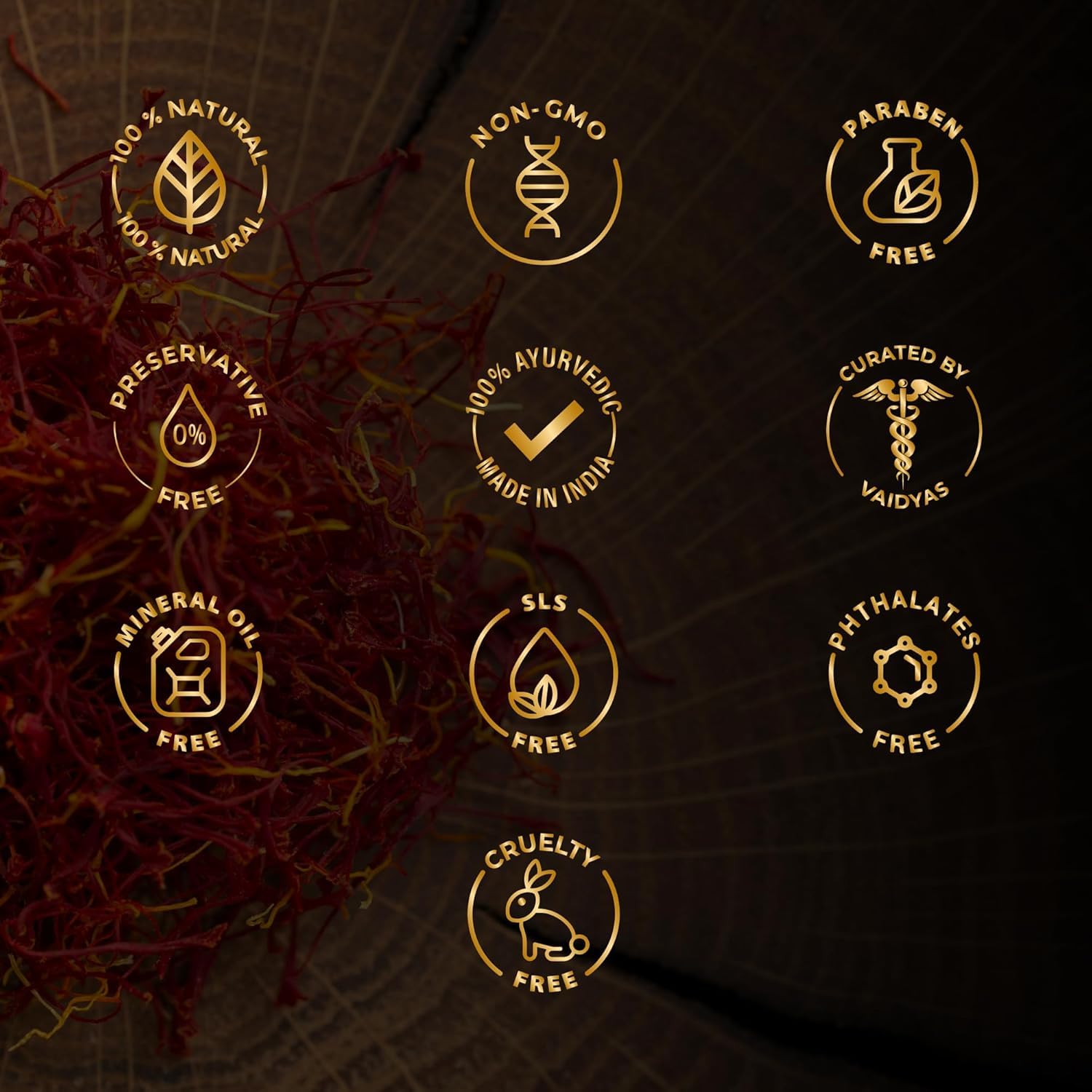 AVP Kumkumadi Tailam 10 ml features and certifications graphic showing gold icons for 100% natural, non-GMO, paraben free, preservative free, 100% Ayurvedic/made in India, curated by Vaidyas, mineral oil free, SLS free, phthalates free, and cruelty free | BodyStop