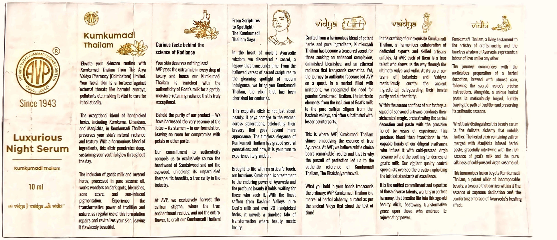 AVP Kumkumadi Tailam product leaflet detailing the science of radiance, the Kumkumadi Tailam saga, ingredient sourcing including Goat's milk and Kashmiri saffron, the harmony of Vidya, Vaidya, and Vidhi, and the therapeutic benefits for dark spots, blemishes, and acne scars | BodyStop