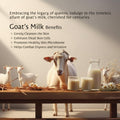 AVP Kumkumadi tel ingredient highlight banner showing goats behind a table with milk, listing goat's milk benefits: gently cleanses the skin, exfoliates dead skin cells, promotes healthy skin microbiome, and helps combat dryness and irritation | BodyStop
