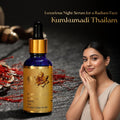 AVP Kumkumadi Thailam 10 ml bottle with a dropper, displayed alongside a woman touching her radiant face and background text reading 