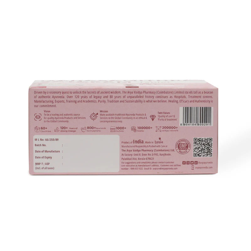 AVP Manasamitra Vatakam packaging showing corporate vision, mission, legacy statistics, manufacturing details including address at Kanjikode, Palakkad Dist., Kerala, M.L. No., batch number fields, customer care toll-free number, and barcode | BodyStop