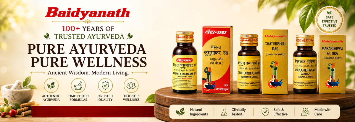 Baidyanath Ayurvedic medicines banner featuring Basant Kusumakar Ras, Chaturbhuj Ras and Makardhwaj Gutika for authentic Ayurvedic wellness | Buy Ayurvedic medicines and products online from BodyStopslider_item_wJbjaX
